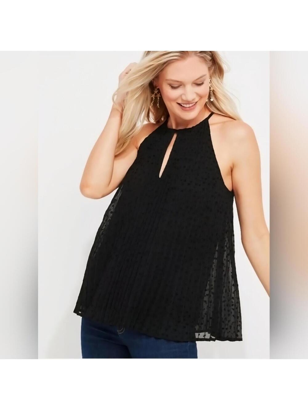 Vineyard Vines Pleated Black Tiny Stars Textured Flowy Halter Medium Sheer Layer